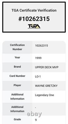1999-00 Upper Deck MVP Legendary One Wayne Gretzky #LO-1 Graded By TGA