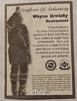 1999 UD The Great One Retires 22K Gold with COA Wayne Gretzky Sealed Card