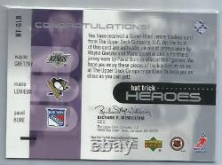 /25 SP Gretzky Lemieux Bure Hat Trick Jersey Card Hockey Upper Deck 2002 HOF