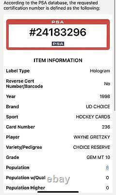PSA 10 POP 8 1998-99 Upper Deck Prime Choice Reserve Wayne Gretzky /100 #236