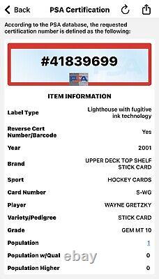 PSA 10 Wayne Gretzky /SP Game Used Stick Card Relic 2001 Upper Deck Pop 1 1/1