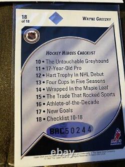Wayne Gretzky Auto 1992-93 Hockey Heroes Checklist COA Hologram Upper Deck NM/MT
