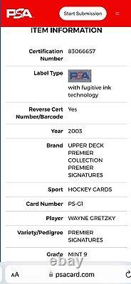 Wayne Gretzky Signed Card 2003 Upper Deck Premier Signatures Collection Ud Psa 9